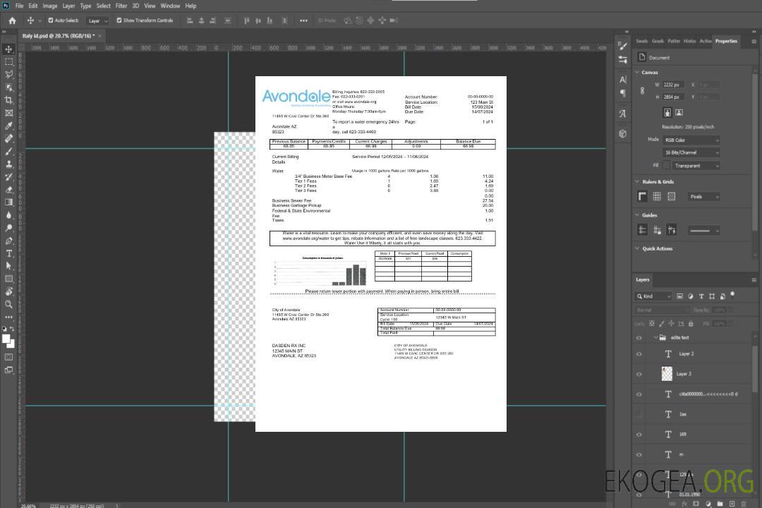 États-Unis Arizona La ville d'Avondale Water modèle de facture de services publics aux formats Word et PDF template
